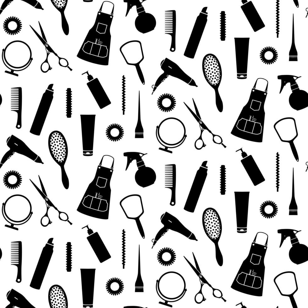 Vector seamless pattern of silhouettes of hairdressing accessories. Hair dryer, scissors, curlers, tubes, combs, coloring brushes, apron, sprayer, mirrors and hair bands.