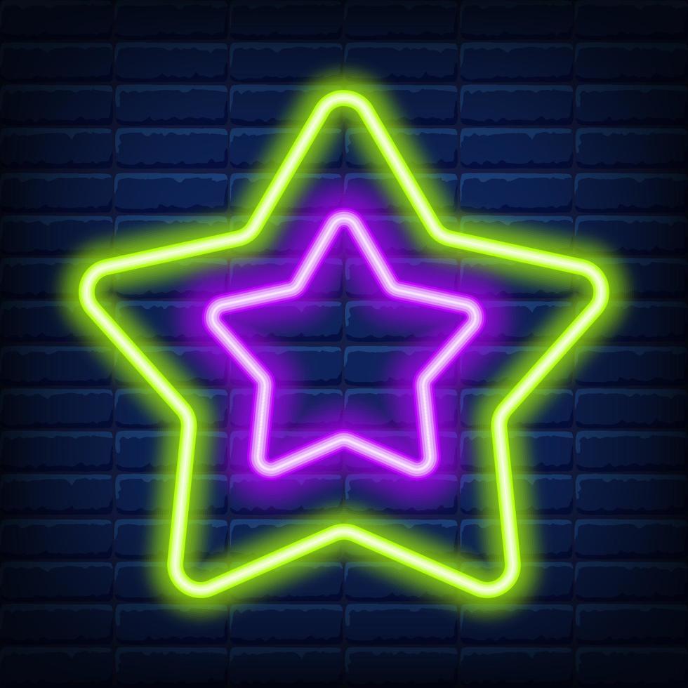 Christmas neon green star icon. Neon green Christmas star shape on dark blue brick wall background. New Year symbol isolated vector Illustration suitable for flyer, banner, greeting card, poster.