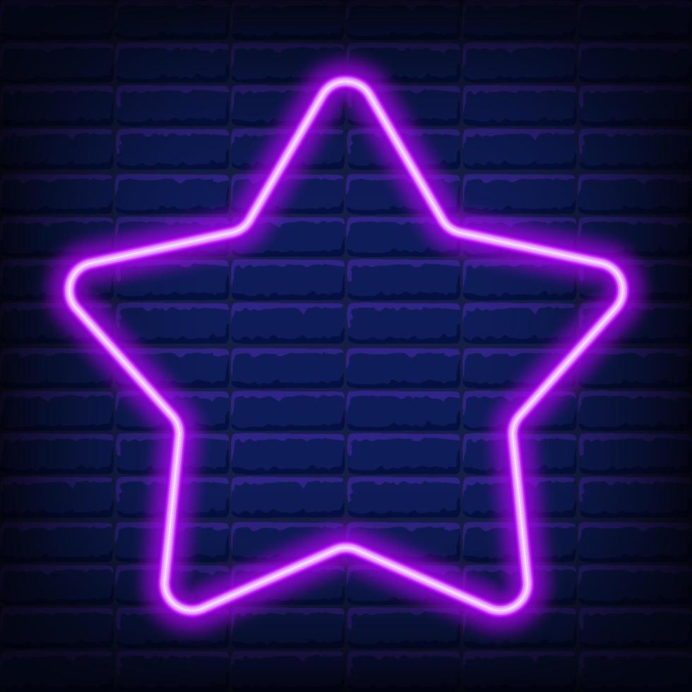 Christmas neon purple star icon. Neon green Christmas star shape on dark blue brick wall background. New Year symbol isolated vector Illustration suitable for flyer, banner, greeting card, poster.