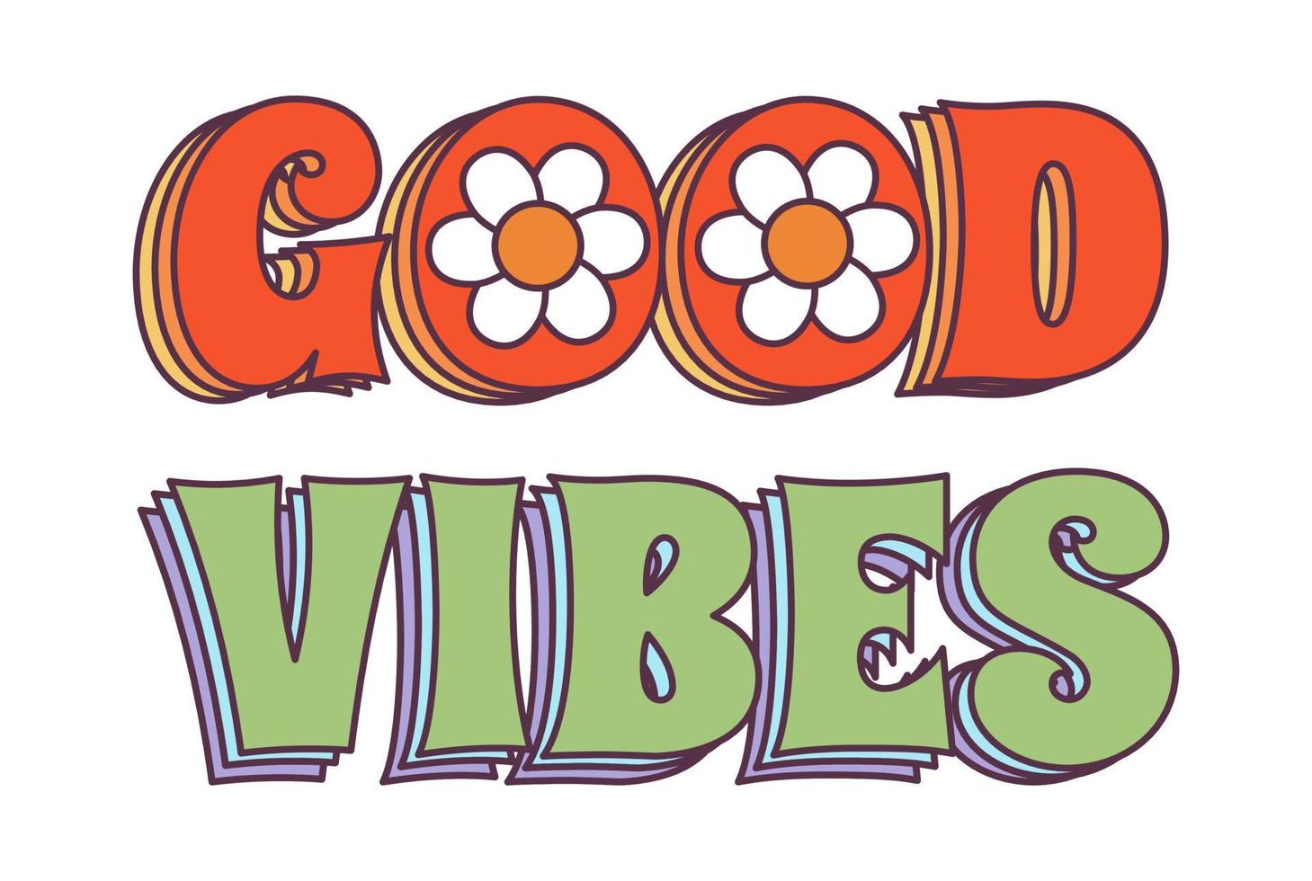 Retro 70s Groovy Hippie sticker sign - Good Vibes. Psychedelic cartoon element -funky illustration in vintage hippy style. Vector flat illustration for banner, flyer, invitation, card.