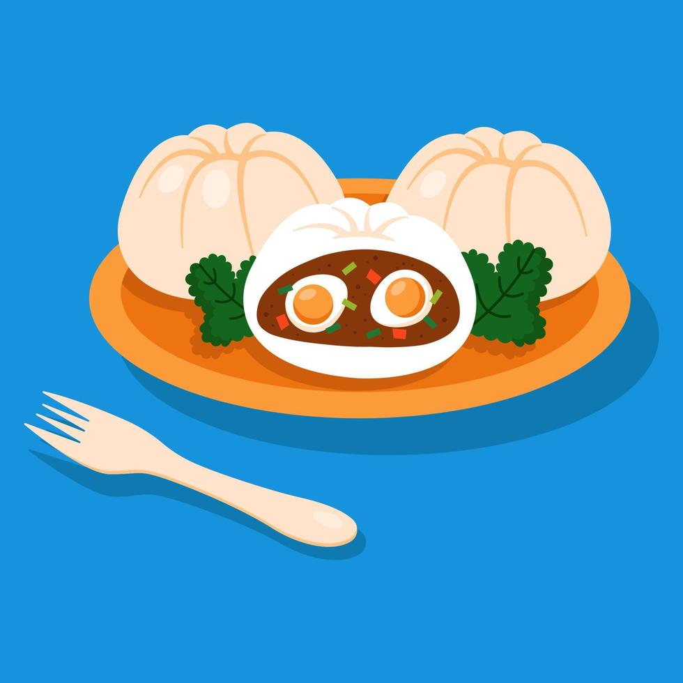 Vietnamese bun containing pork  meat, onions and eggs. Banh bao isolated on blue background. vector