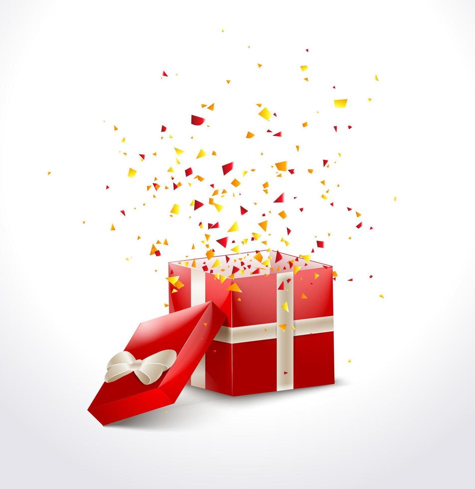 Opened Red Gift Box with ribbon and flying Confetti. Christmas SALE Background. Vector Illustration.