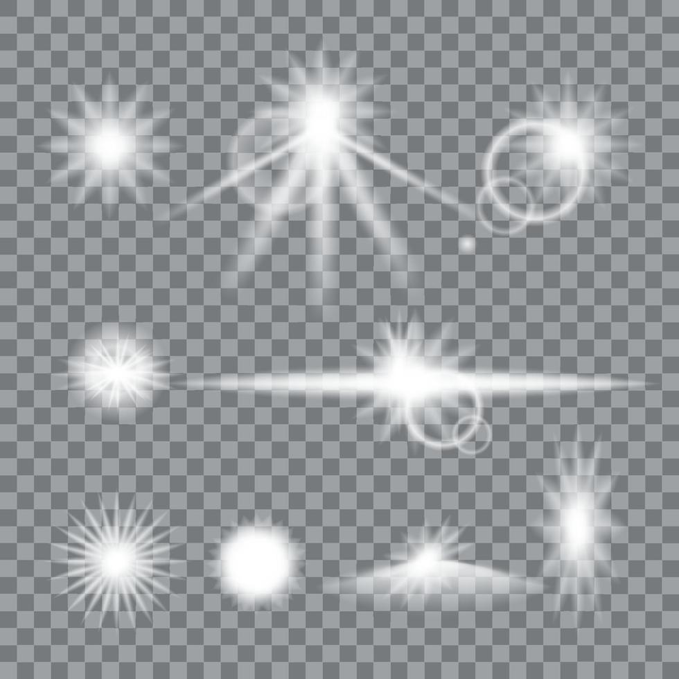 Lens flare set with transparent easy replace background and edit colors. Vector design elements Eps 10. Effects for design and decor