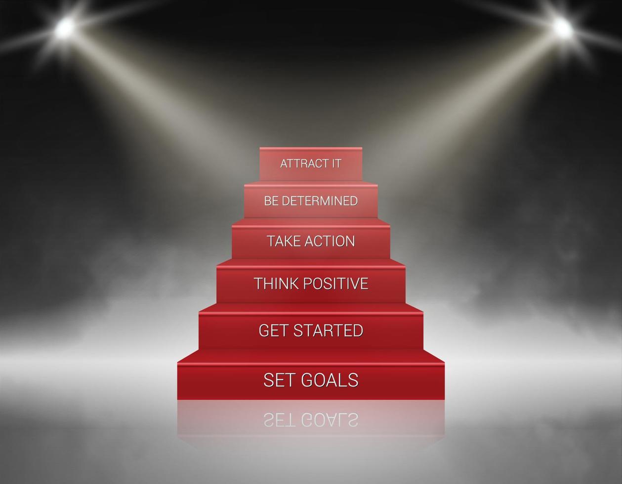 Podio de escenario de escaleras humeantes con 6 pasos de éxito. iluminado con foco para la ceremonia de entrega de premios. ilustración vectorial vector