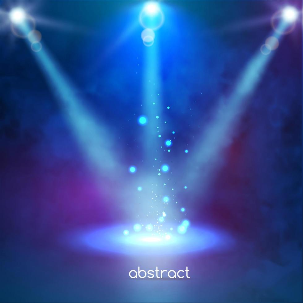 Premiere Blue Show background sparkles. Smoky vector stage shining with rays spotlight on particles