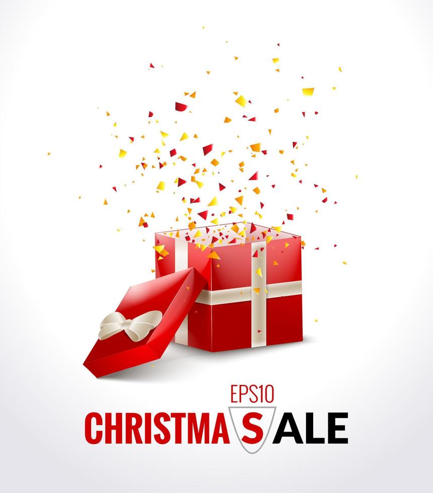 Opened Red Gift Box with ribbon and flying Confetti. Christmas SALE Background. Vector Illustration.