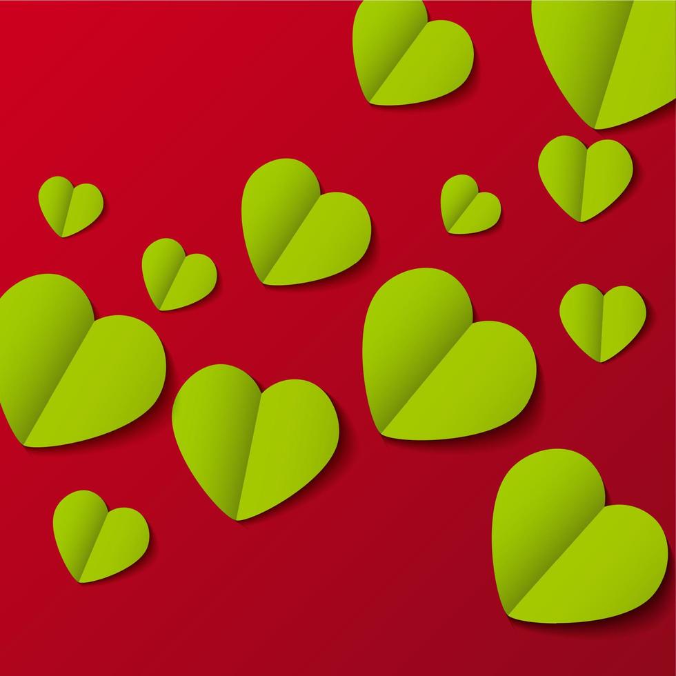 papel verde origami corazones tarjeta del día de san valentín sobre fondo rojo vector