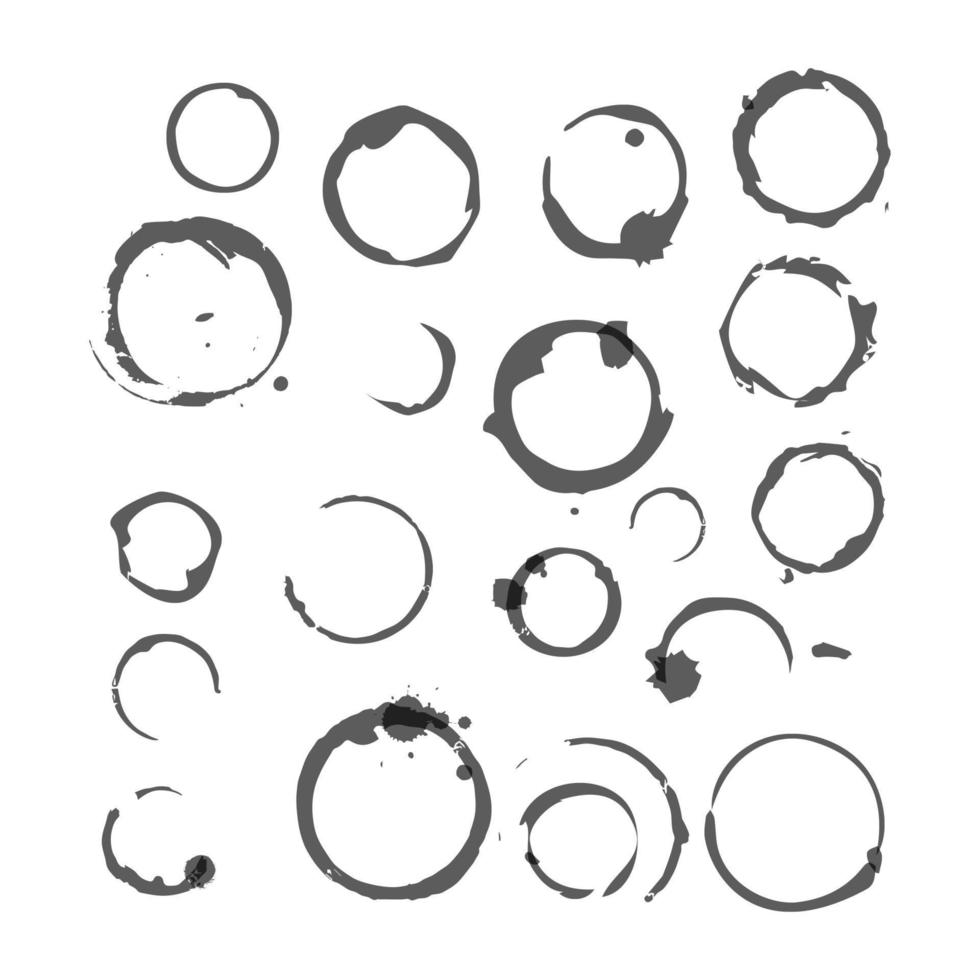 conjunto vectorial de círculos de manchas de vino de silueta negra, salpicaduras y puntos aislados en fondo blanco. marcas de vidrio de dibujo a mano de acuarela. vector