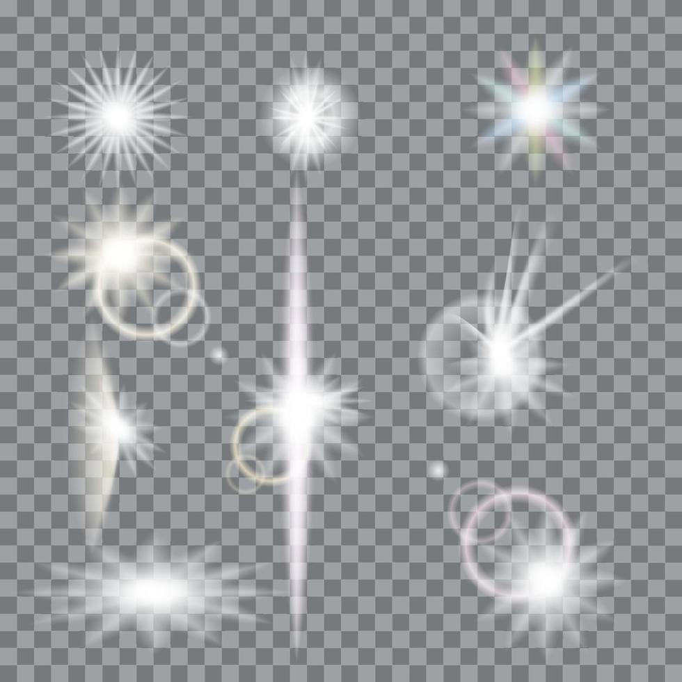 Lens flare set with transparent easy replace background and edit colors. Vector design elements Eps 10. Effects for design and decor