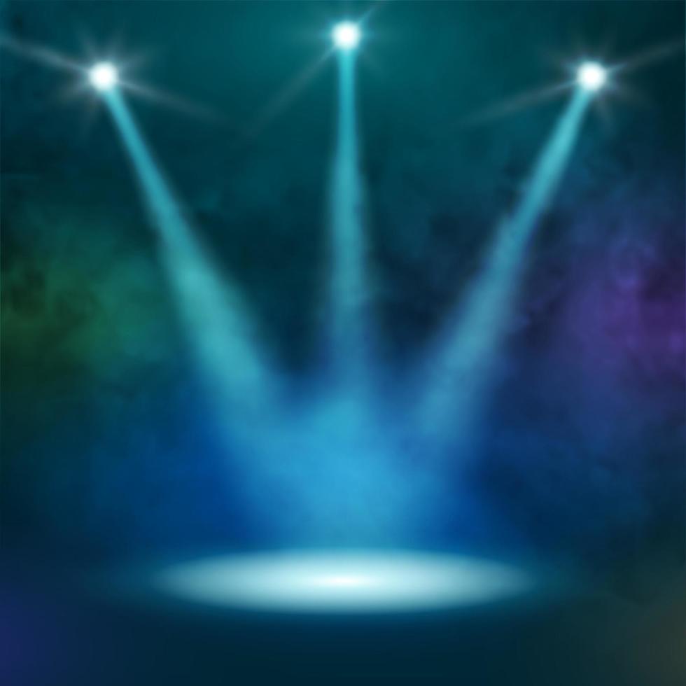 Premiere Blue Show background sparkles. Smoky vector stage shining with rays spotlight