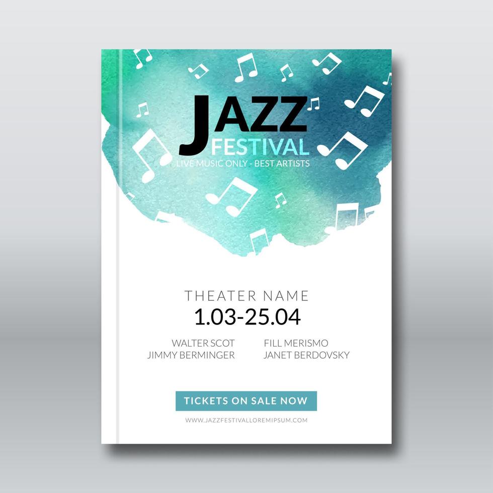 Jazz music vector poster templates set. Hand drawn Watercolor stain background. Abstract background for card, brochure, banner, web design, poster background template.