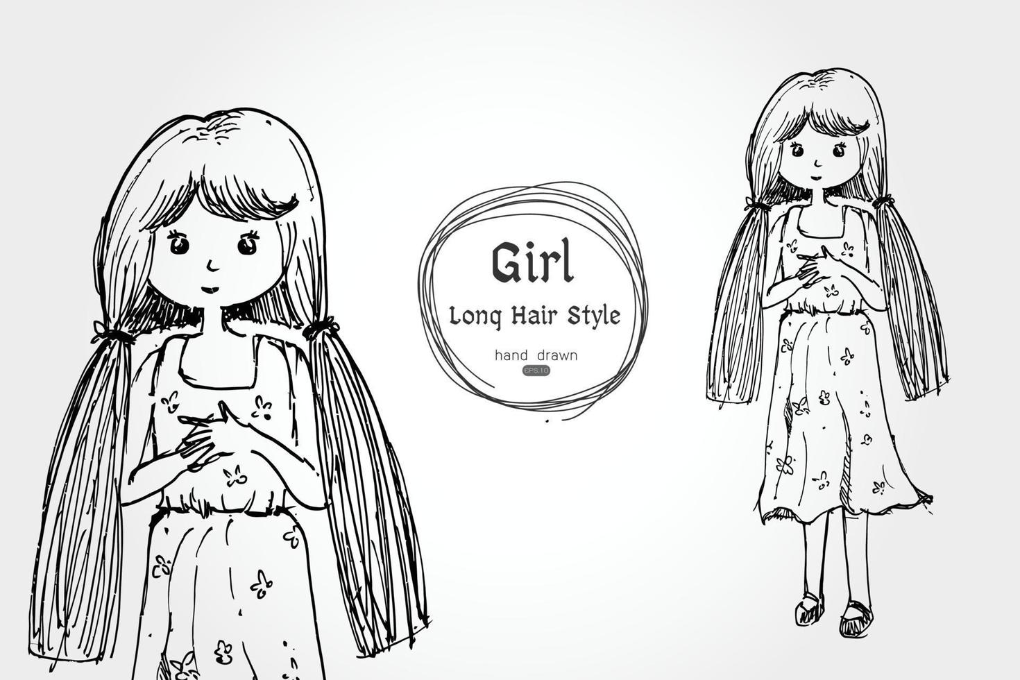 cute girl long hair hand drawn style vector