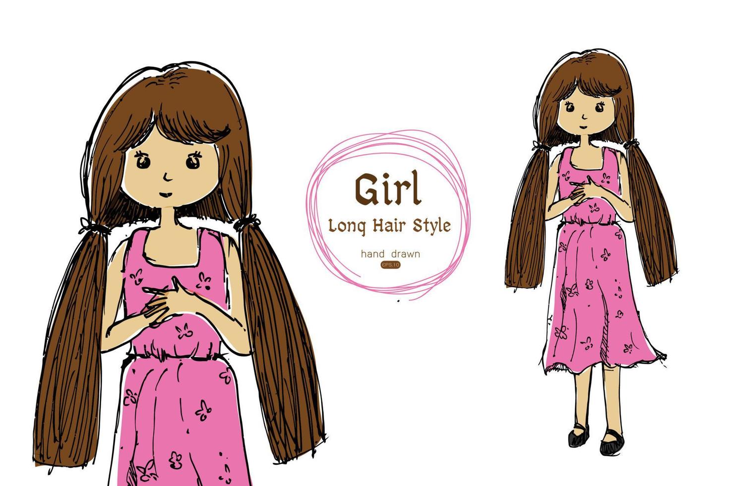 cute girl long hair hand drawn style vector
