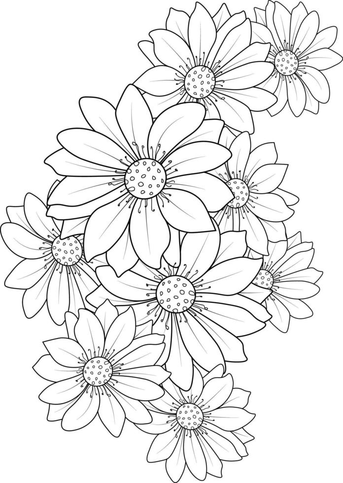 ramo de flores de margarita arte de garabatos zen, página de colorantes de flores y libros, un boceto de ilustración dibujada a mano de gráfico vectorial de contorno aislada en fondo blanco. vector