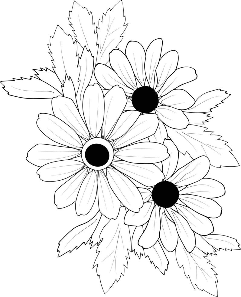 colección de flores de sol dibujadas a mano de página de color de ilustración de brote de hoja botánica de sol de ojos negros vector