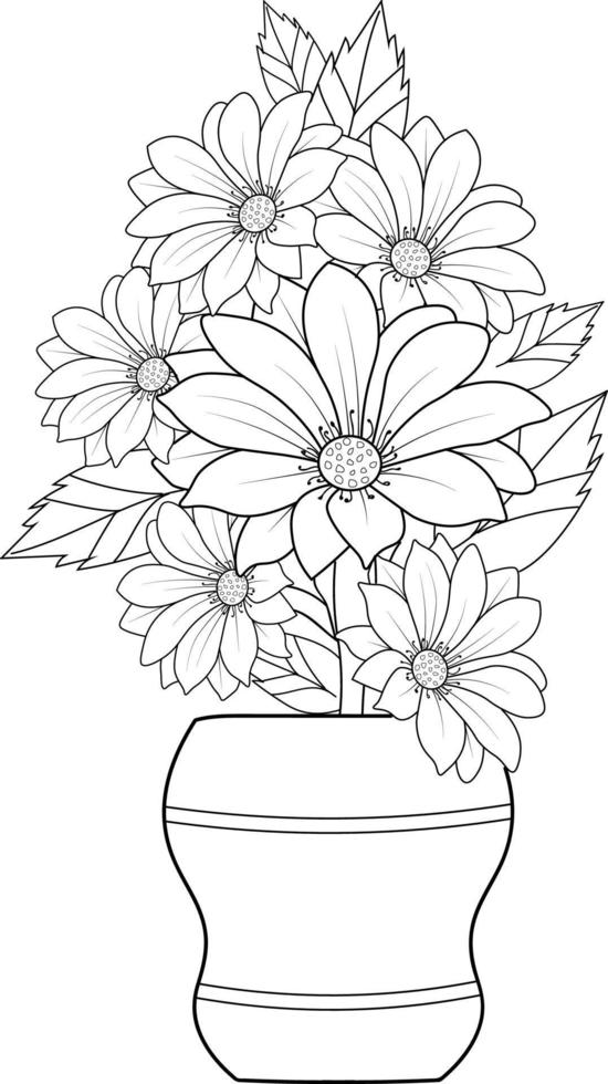 Daisy flower bouquet of vector sketch hand drawn illustration, natural collaction branch of leaves bud  vase outline drawing ingraved ink art isolated on white background.