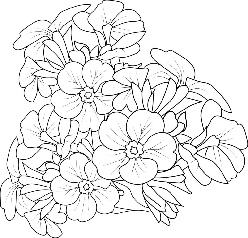 Primrose flower bouquet of Black and white outline vector coloring book page for adults and children flowers with leaves buds hand-drawn flowers, isolated on white ink illustration color book.