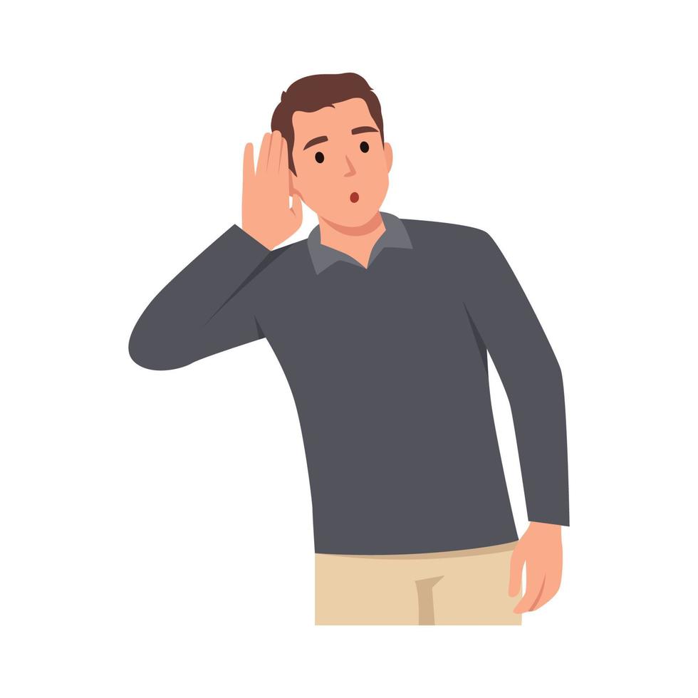 Young man holding hand near ear. Speaking listening hearing and whispering curiosity, gossip and pay attention. Flat vector illustration isolated on white background