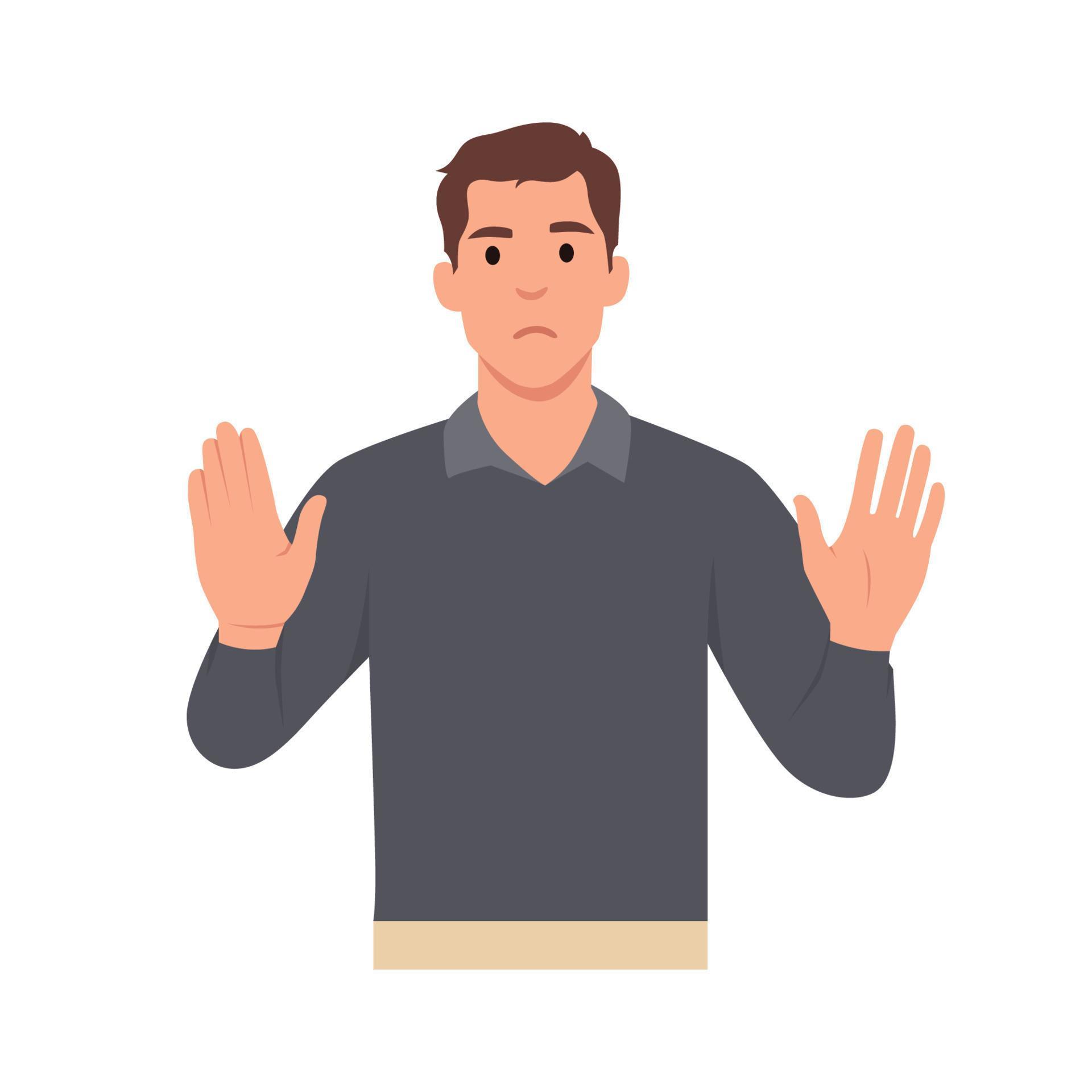 Young man cartoon character making stop with his hands. Say No . Flat Young man cartoon character making stop with his hands. Say No . Flat