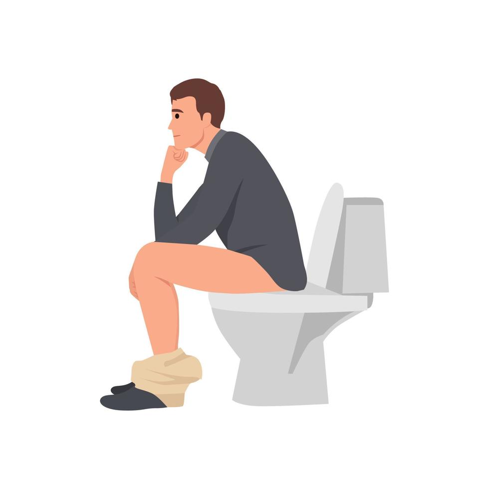 Young man sit on toilet and daydreaming. Flat vector illustration isolated on white background