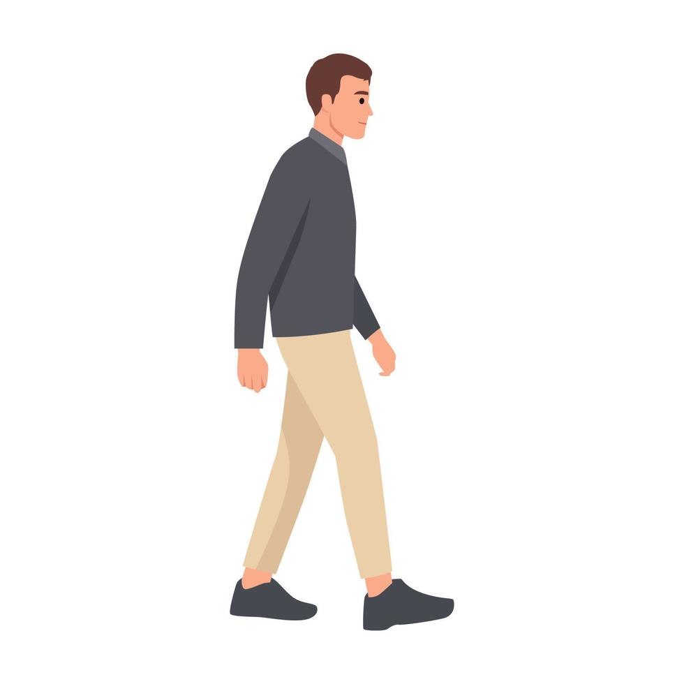 vista lateral de un hombre caminando hacia adelante. ilustración vectorial plana aislada sobre fondo blanco vector