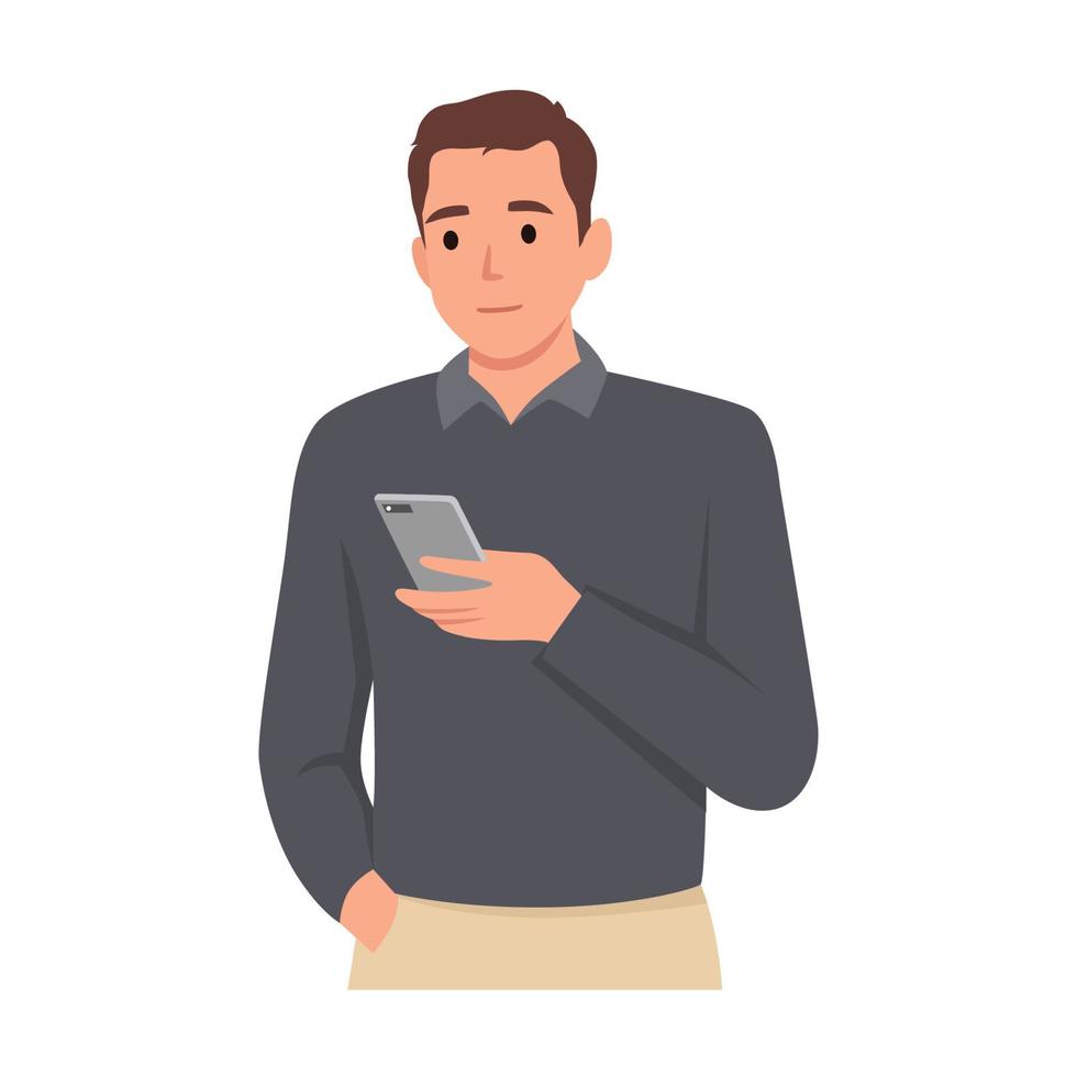 Young man using mobile phone. Flat vector illustration isolated on ...