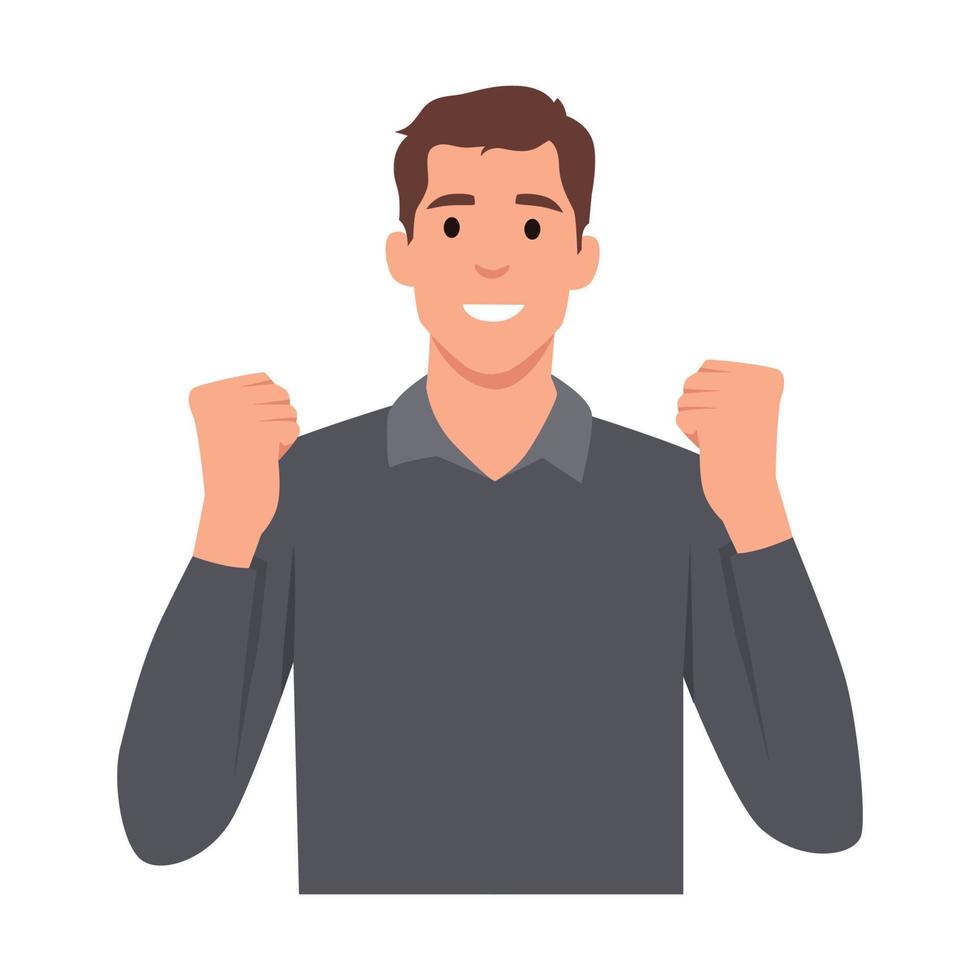 Young man celebrating victory expressing success, power, energy and positive emotions. Person is clenching his fists. Successful man raised hand fists. Flat vector illustration isolated on white