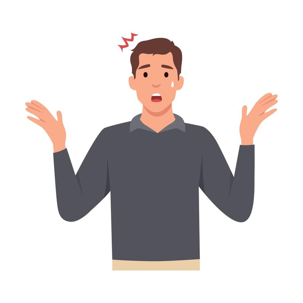 Young man feel distressed worried suffer from panic attack or anxiety. Unhappy unwell guy struggle with depression or mental problems. Flat vector illustration isolated on white background