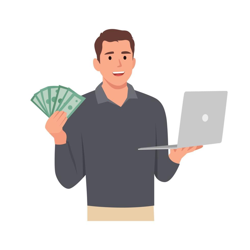 Young man making money in internet concept. Winning plenty of money in social media on laptop. Holding cash. Flat vector illustration isolated on white background