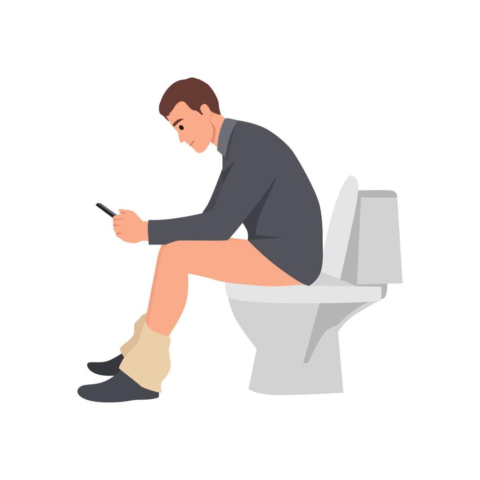 Young man sits on toilet bowl with phone in hand. Flat vector illustration isolated on white background