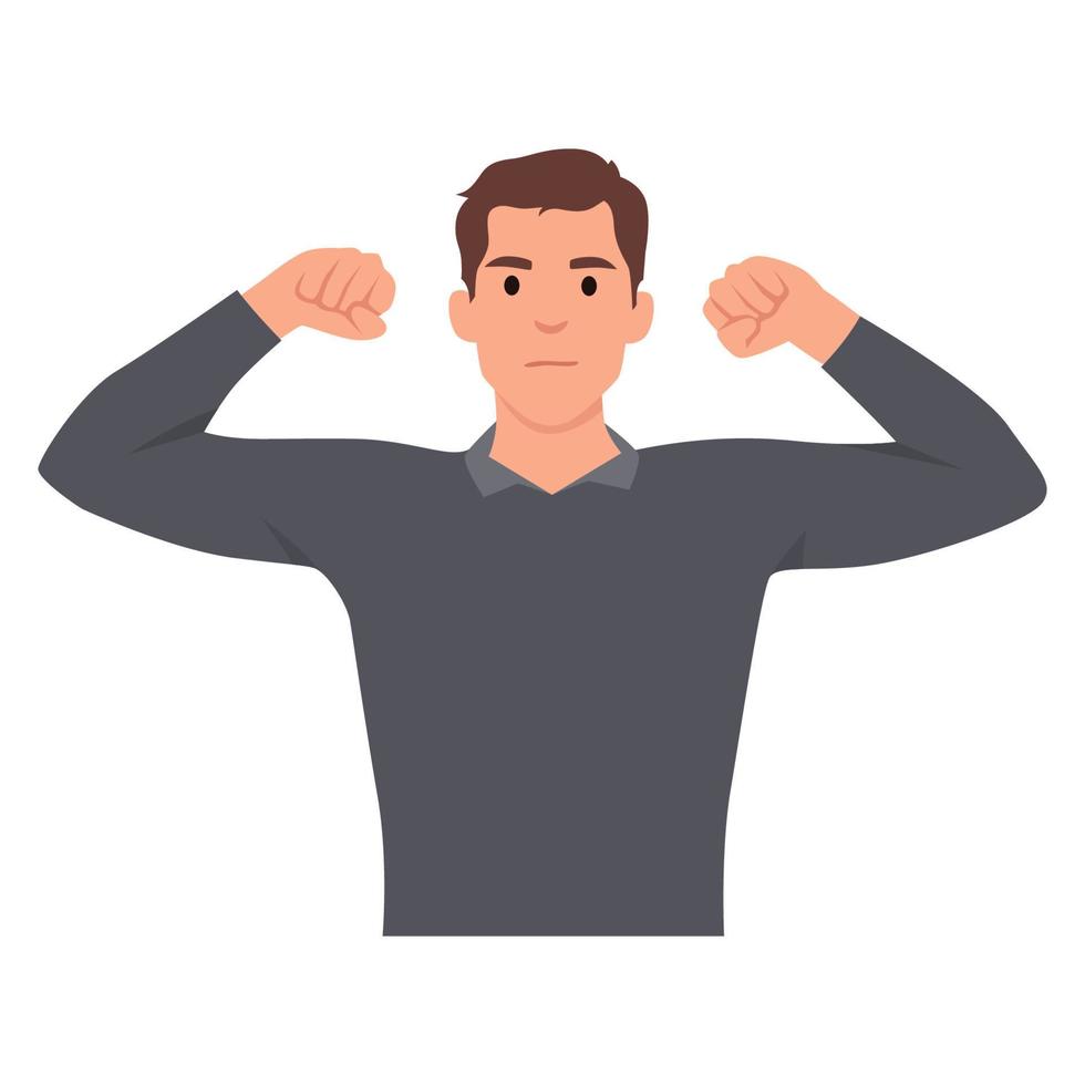 Young man Leadership authority and strength concept. Young smiling businessman in white shirt standing and showing strong biceps meaning business success. Flat vector illustration isolated on white