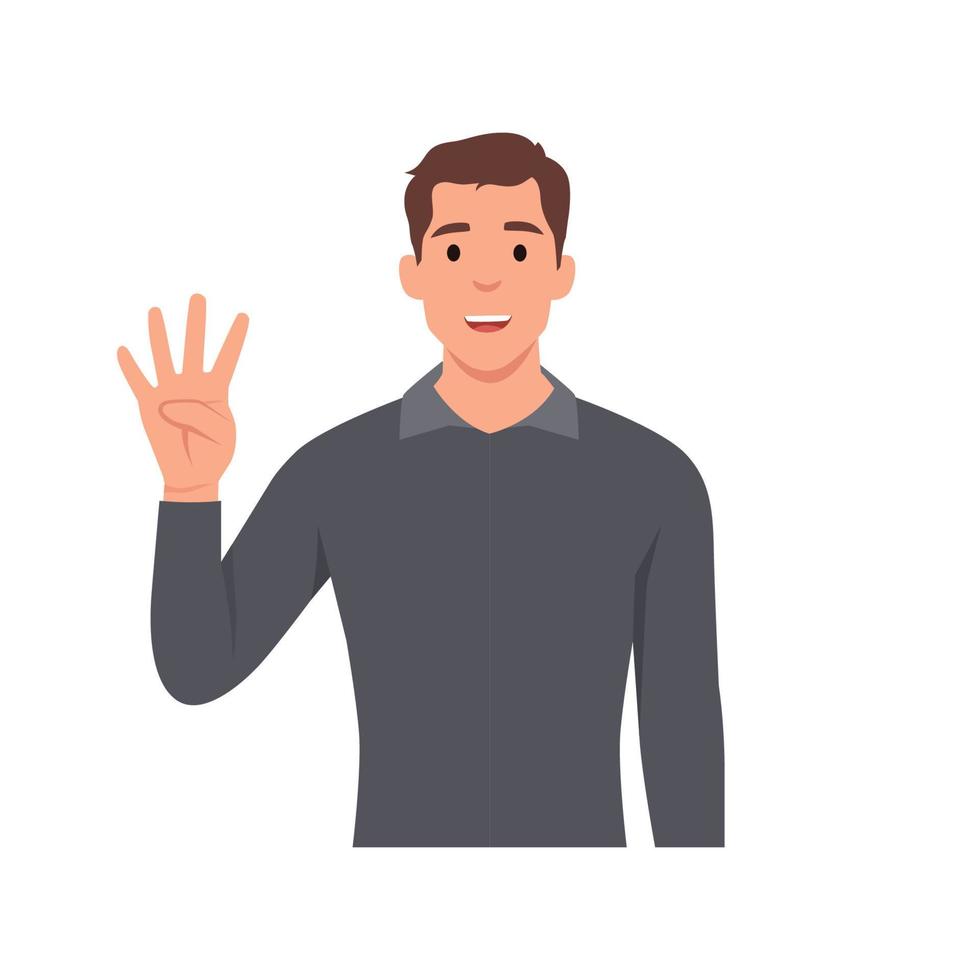 el personaje del joven levanta la mano para mostrar el conteo número 4. ilustración vectorial plana aislada en fondo blanco vector