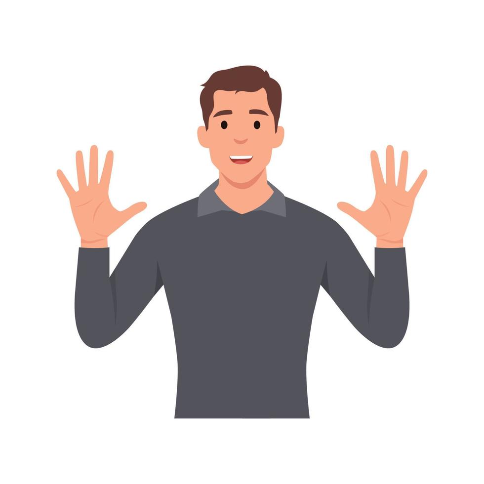 el personaje del joven levanta la mano para mostrar el conteo número 10. ilustración vectorial plana aislada en fondo blanco vector