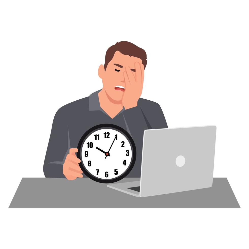 Sleepy worker and tiredness concept. Young man office worker sitting at laptop. Flat vector illustration isolated on white background