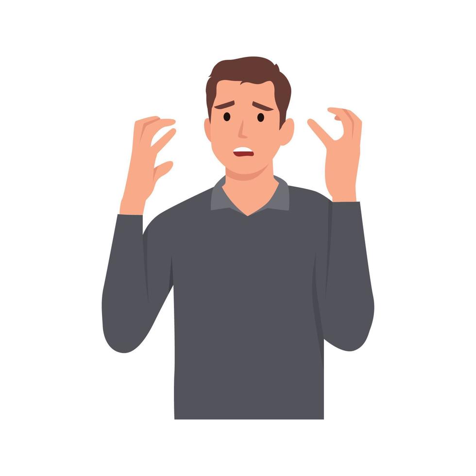 Young man emotionally spreads his hands. Question what's going on or why. Vector illustration in cartoon style. Flat vector illustration isolated on white background