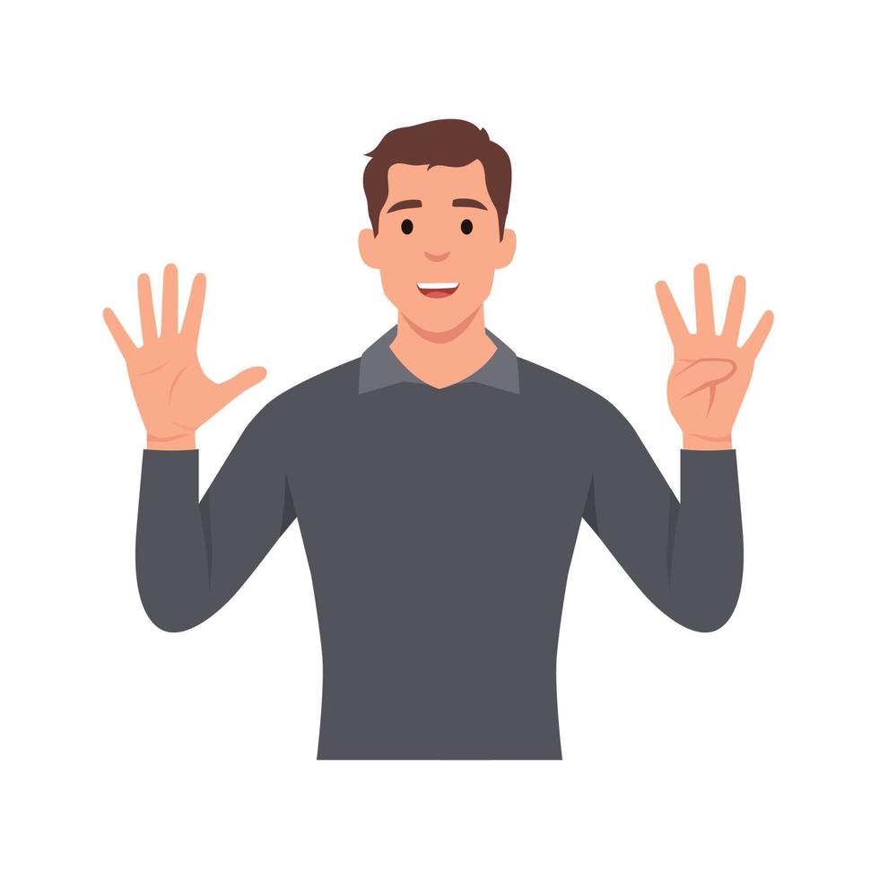 el personaje del joven levanta la mano para mostrar el conteo número 9. ilustración vectorial plana aislada en fondo blanco vector