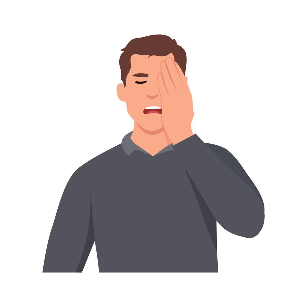 Young man with a gestures facepalm. Headache, disappointment or shame. Flat vector illustration isolated on white background