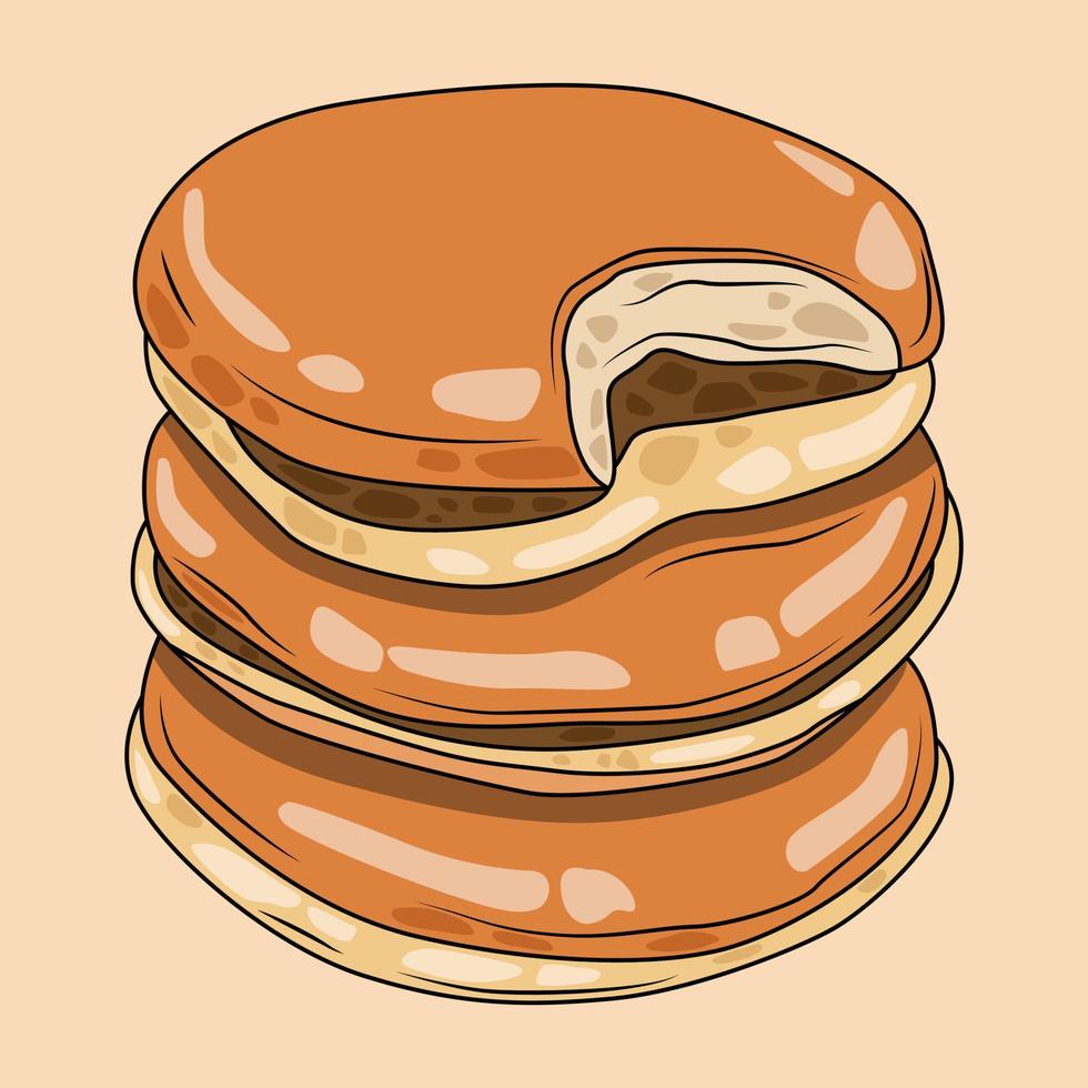 Dorayaki cartoon vector illustration stack of three. Japanese pancake with chocolate filling