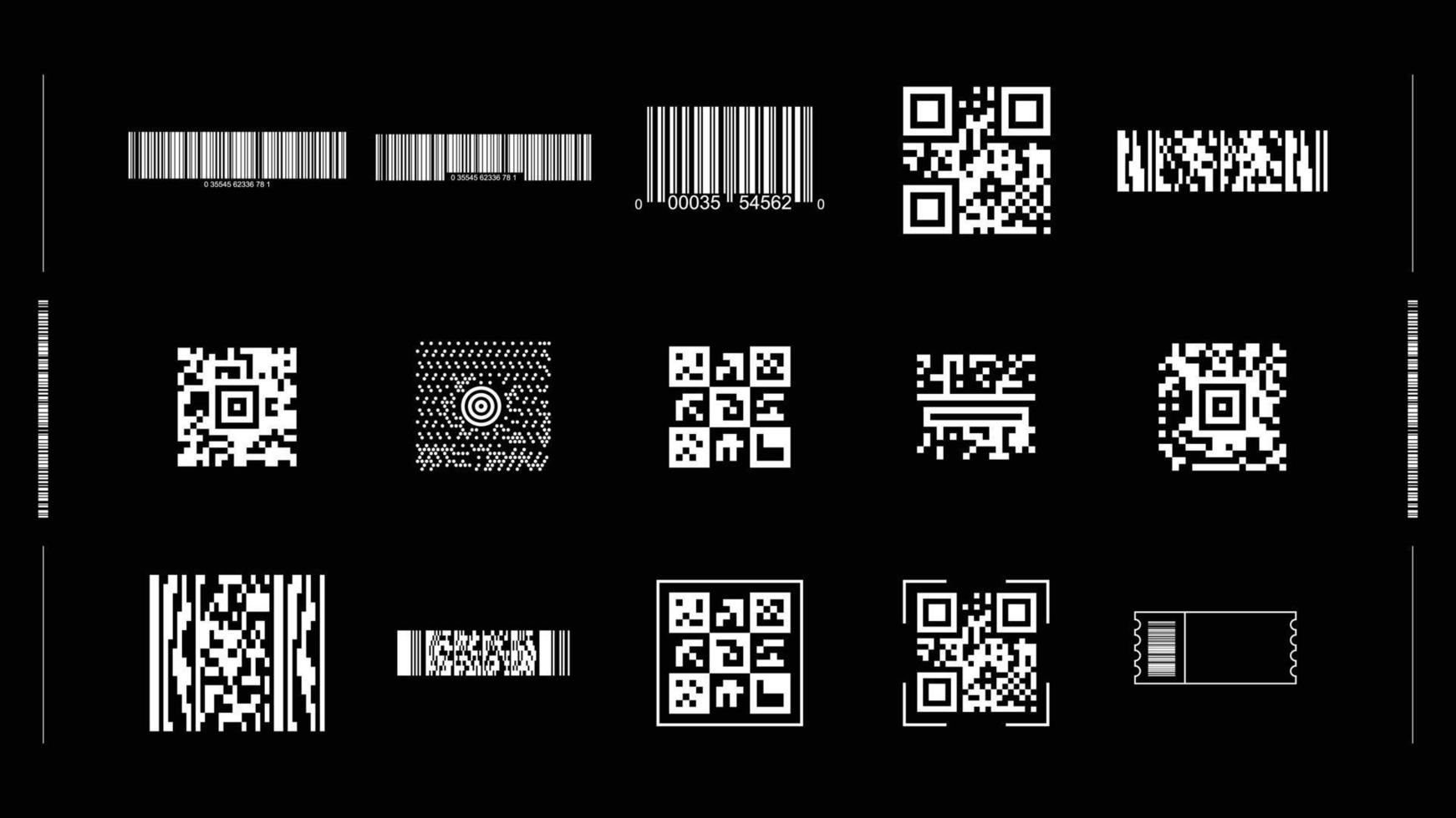 colección de códigos de barras blancos en fondo negro. información de código, qr, almacenar códigos de escaneo. tipos de ilustración vectorial de códigos de barras. vector