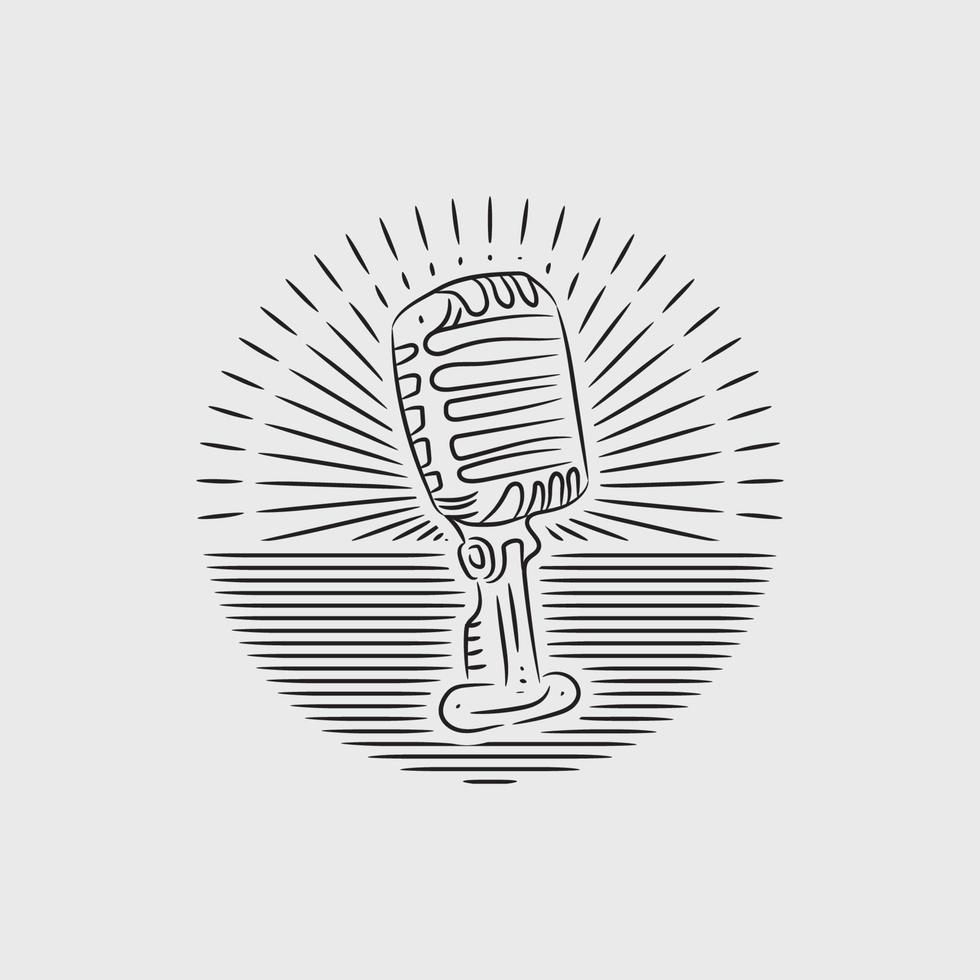 Microphone vintage logo style. Hand drawn monochrome music vector illustration