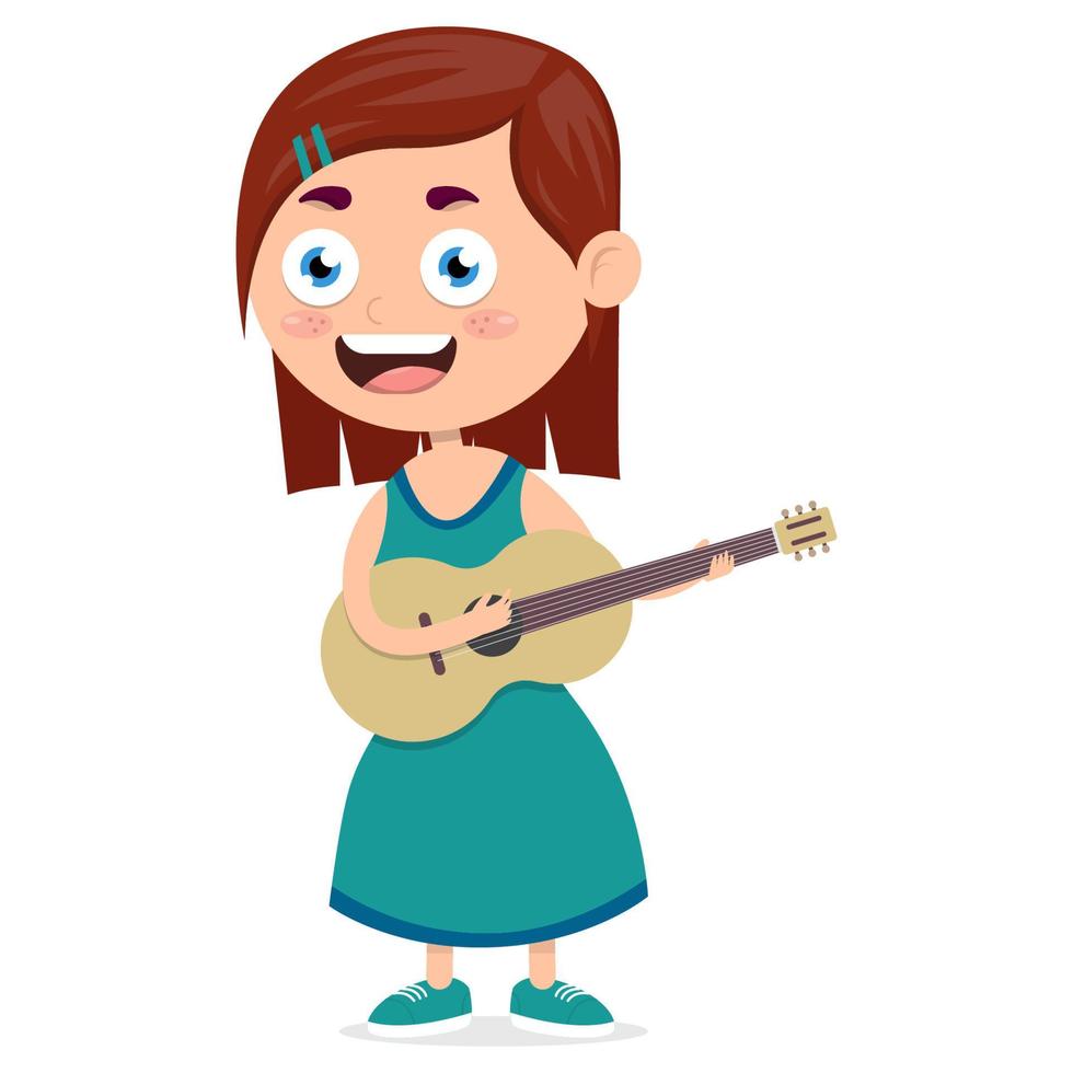 niña feliz tocando la guitarra, pequeña guitarrista femenina en la interpretación musical, vector de dibujos animados sobre fondo blanco