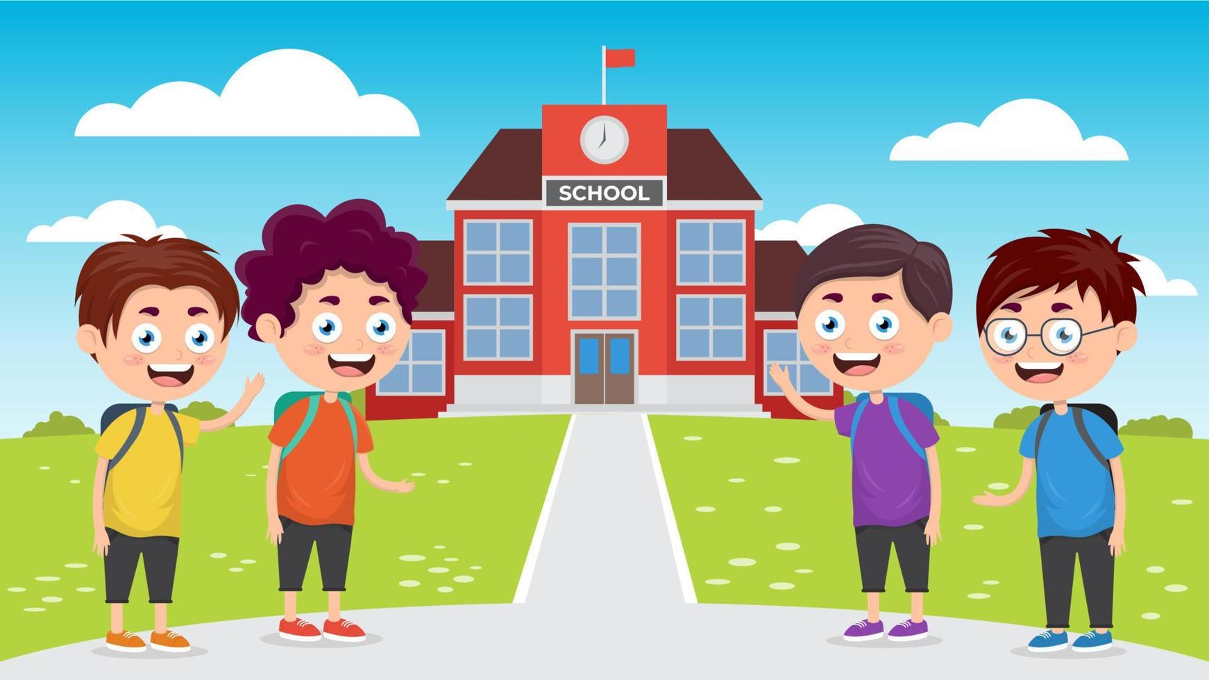 bienvenidos de nuevo a la escuela, niños frente a la ilustración de vector de dibujos animados de la escuela