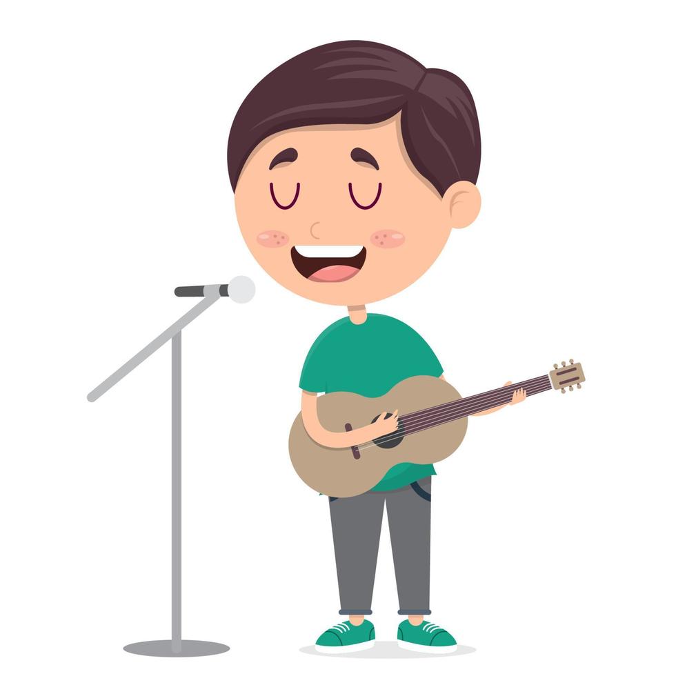 little boy singing and playing guitar, music performance by kid, cartoon vector illustration