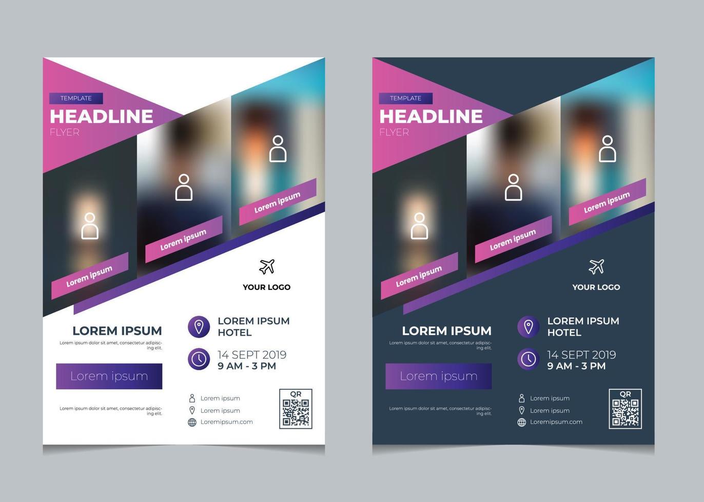 conjunto de plantilla de volante comercial, póster de evento, plantilla de diseño de folleto layour con degradado púrpura geométrico vector