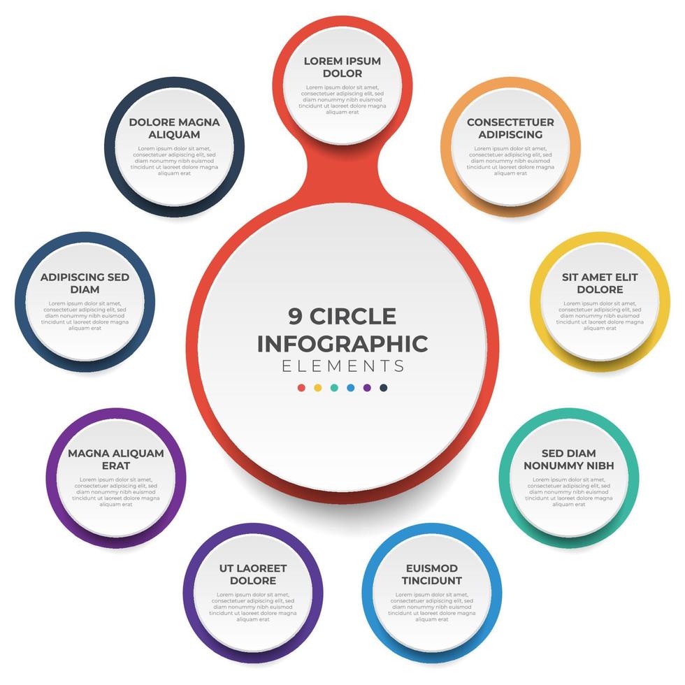 diagrama de diseño circular con 9 puntos de pasos, secuencia, vector de plantilla de elemento infográfico de círculo colorido.