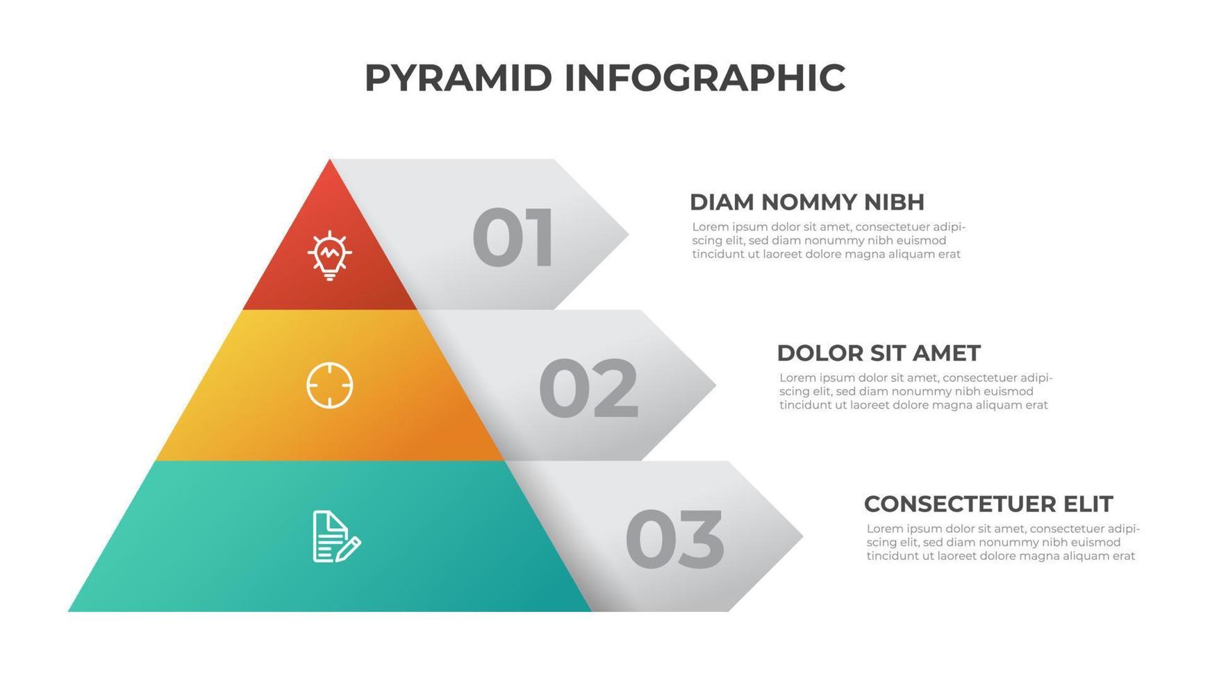 plantilla de infografía piramidal con 3 listas e iconos, vector de diseño para presentación, informe, folleto, volante, etc.