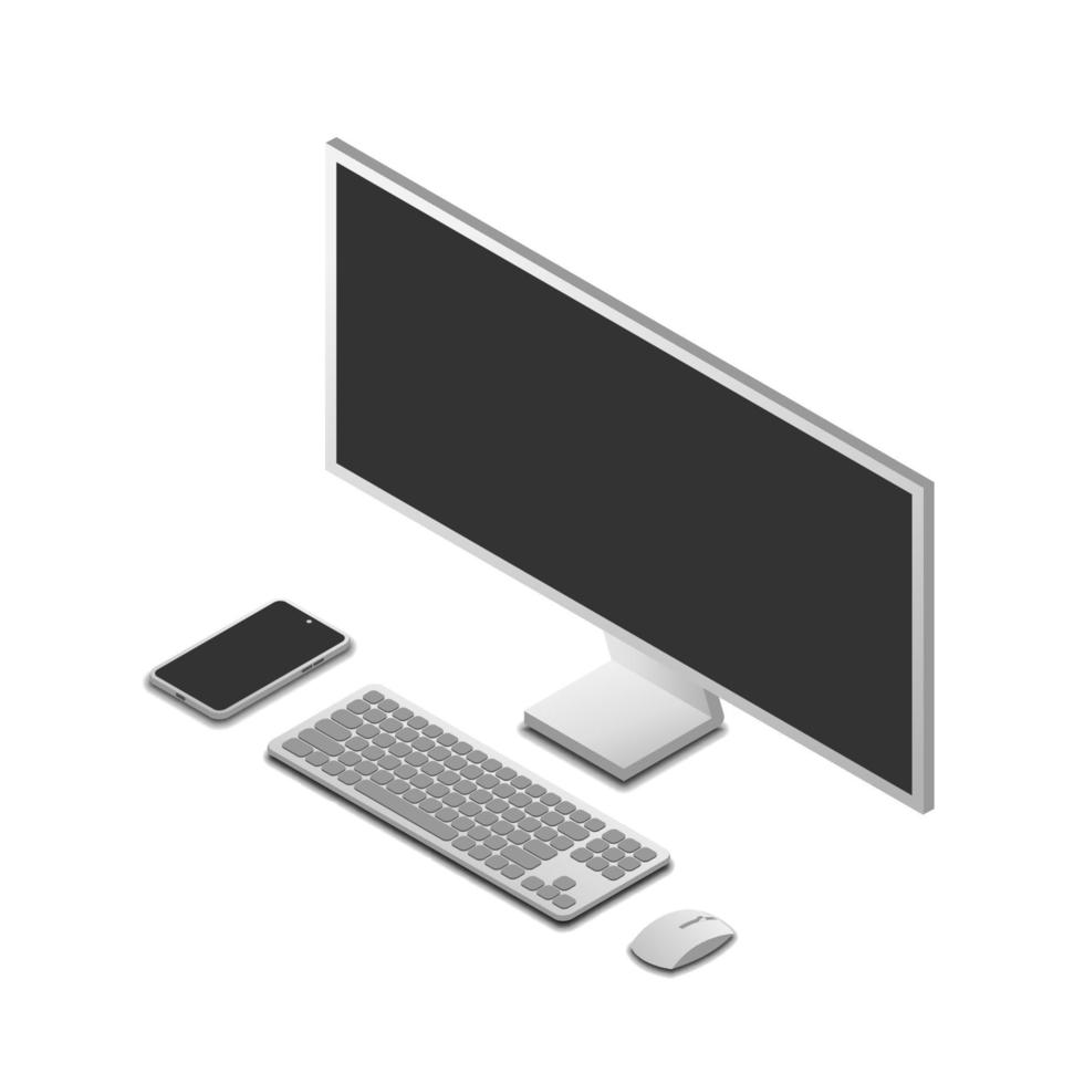 set of pc computer, monitor, keyboard, smartphone, and mouse in isometric view, vector illustration isolated on white background