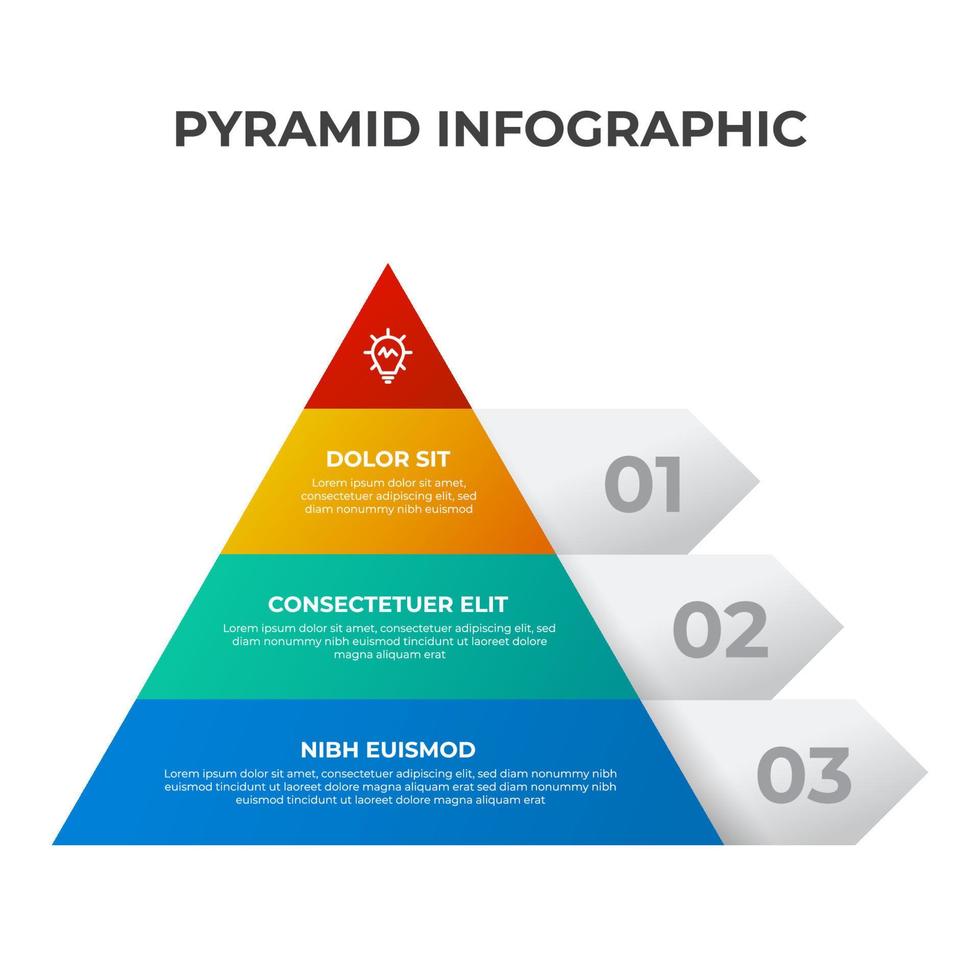 plantilla de elemento infográfico de lista piramidal con 3 puntos, viñeta, forma de triángulo, diagrama de fila con nivel para presentación, etc. vector