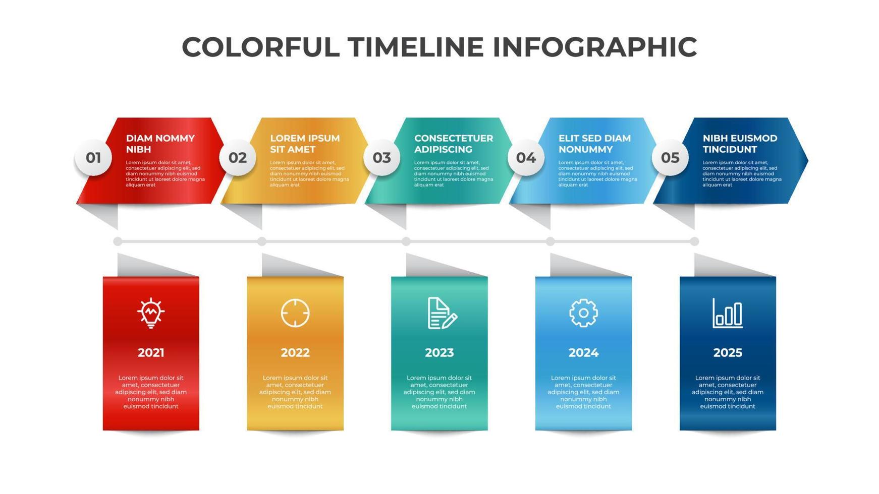 Infographic element template, colorful timeline layout design with 5 point, option, list, business data visualization vector