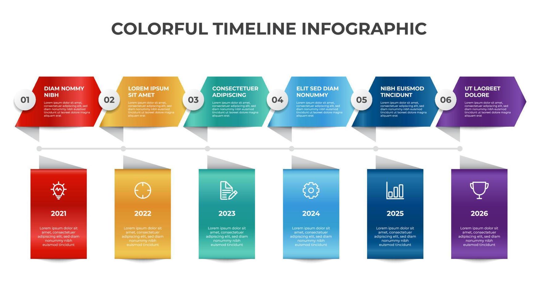 plantilla de elemento infográfico, diseño de diseño de línea de tiempo colorido con 6 puntos, opción, lista, vector de visualización de datos comerciales